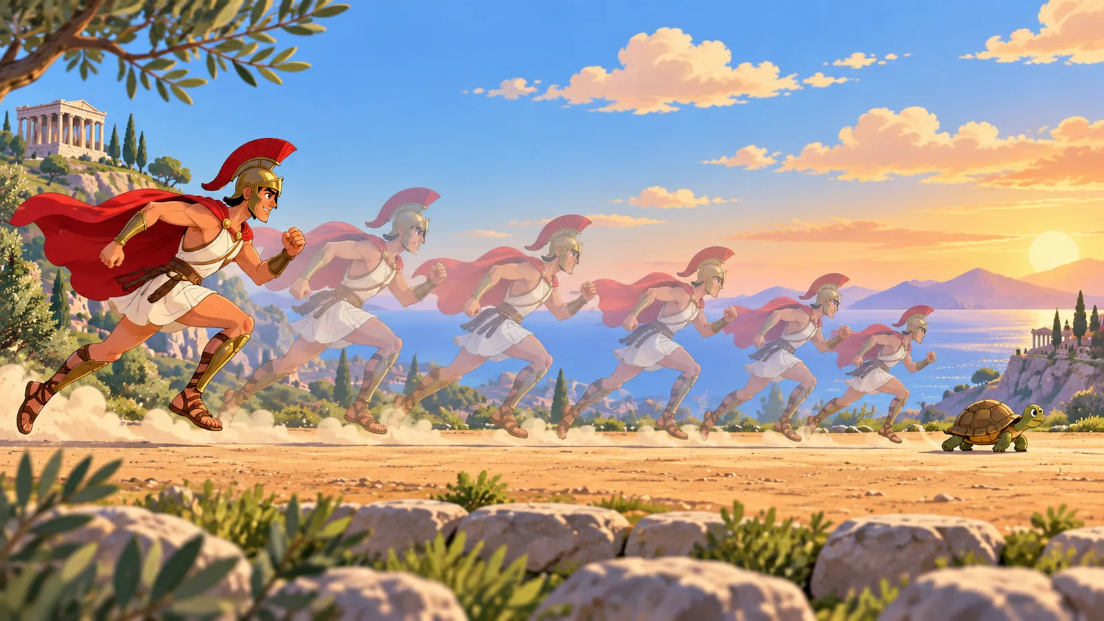 Achilles in full armour sprinting across a Greek hillside toward a tortoise, drawn as a row of successive strides that close the gap one step at a time.